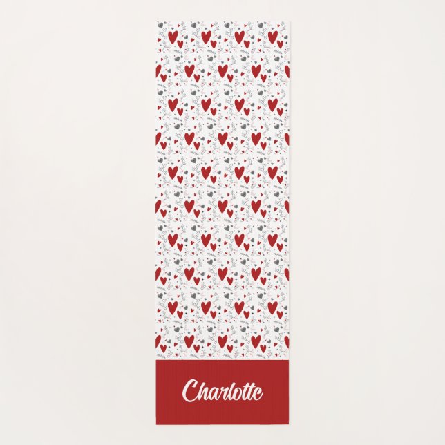 Red and Black Doodle Hearts Custom Monogram Name Yogamatte (Rückseite)