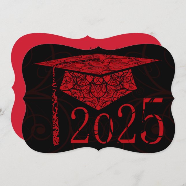 Red and Black Floral Cap 2025 Graduation Party Einladung (Vorne/Hinten)