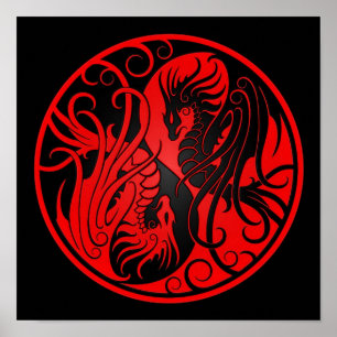 Red and Black Flying Yin Yang Dragons Poster