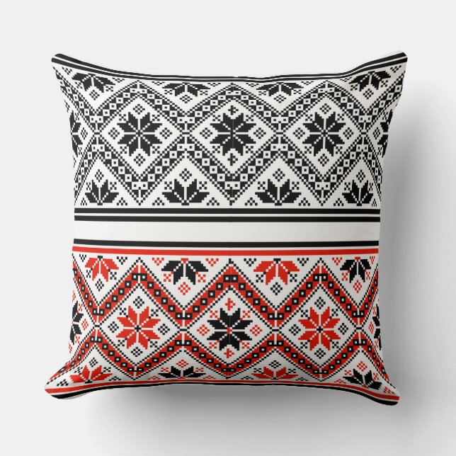 Red and Black Folk Art Geometric Pattern Throw Kissen (Vorderseite)