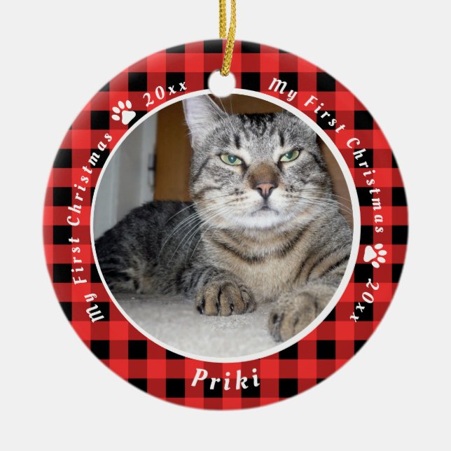 Red and Black Gingham Cat's My First Christmas Keramik Ornament (Vorne)