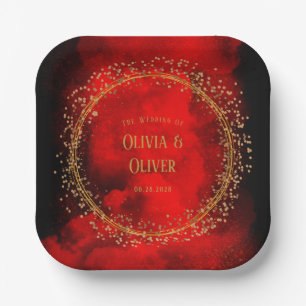 Red and Black Gold Geometric Glitzer Wedding Pappteller