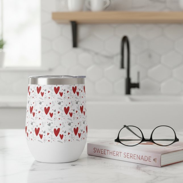 Red and Black Hand Drawn Doodle Hearts (red black hearts doodles hand drawn wine tumbler for her women teens)