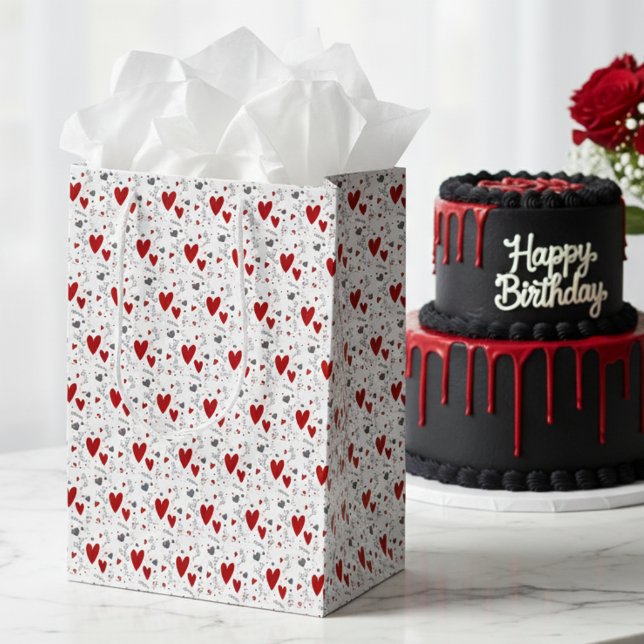 Red and Black Hand Drawn Doodle Hearts Mittlere Geschenktüte (cute red and black hand drawn doodle hearts gift bag for her him Valentines Day)