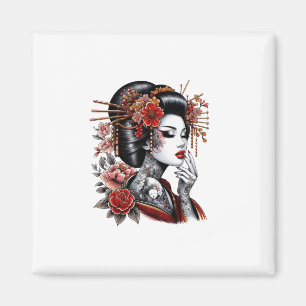 Red and Black Japanese Geisha Tattoo - Elegant Tra Magnet