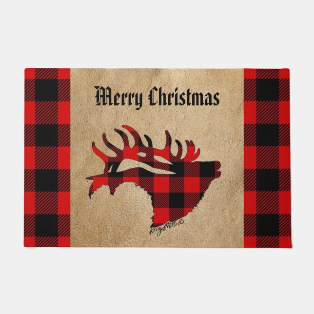 Red and Black Kariert Bull Elk Christmas Doormat Fußmatte (Vorderseite)