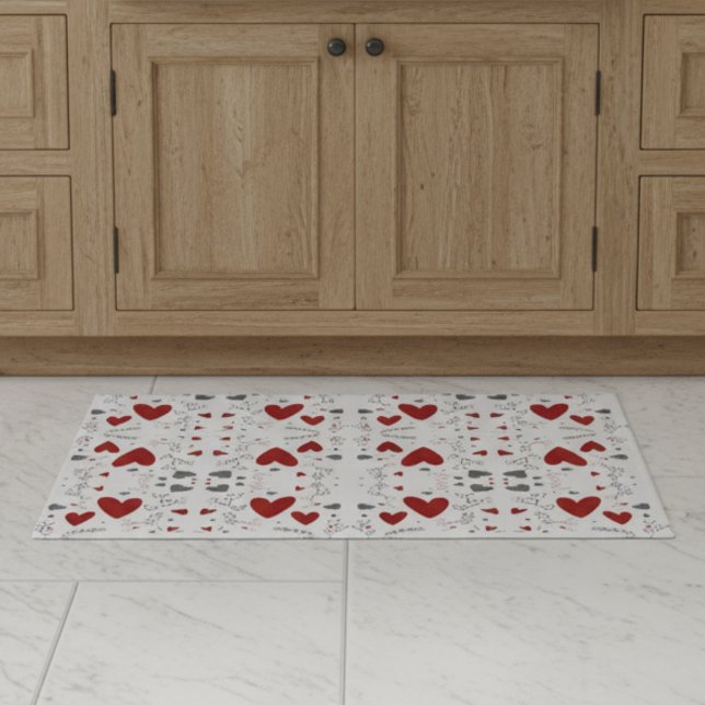 Red and Black Retro Hand Drawn Hearts Love  Fußmatte (fun red and black hearts doodles hand drawn love valentines theme rug doormat)