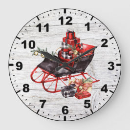 Red and Black Sleigh Packages Christmas Barn Wood Große Wanduhr