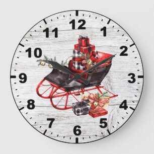 Red and Black Sleigh Packages Christmas Barn Wood Große Wanduhr