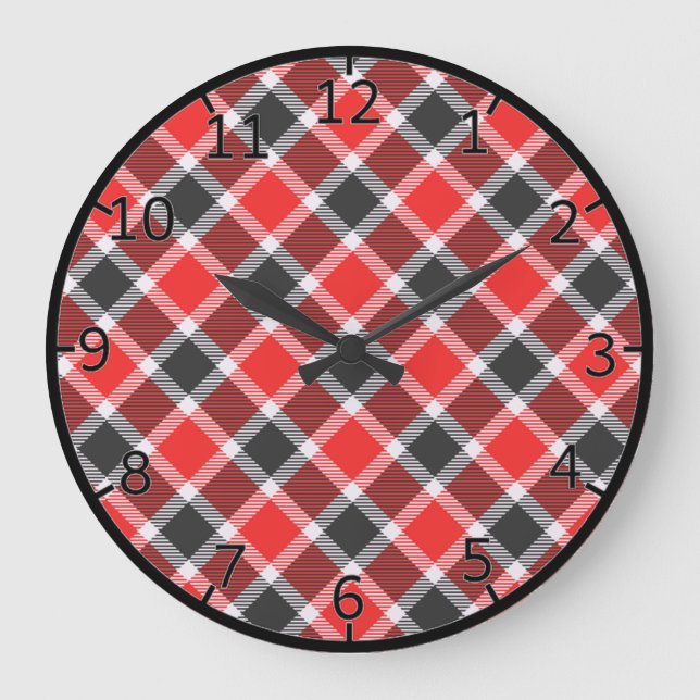 Red And Black Tartan Große Wanduhr (Vorderseite)