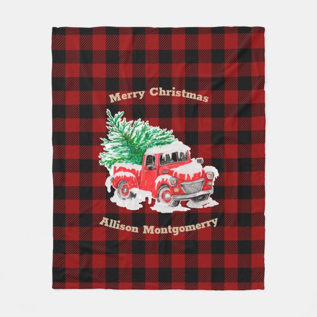 Red and Black Tartan Red Christmas Truck mit Baum Fleecedecke (Vorderseite)