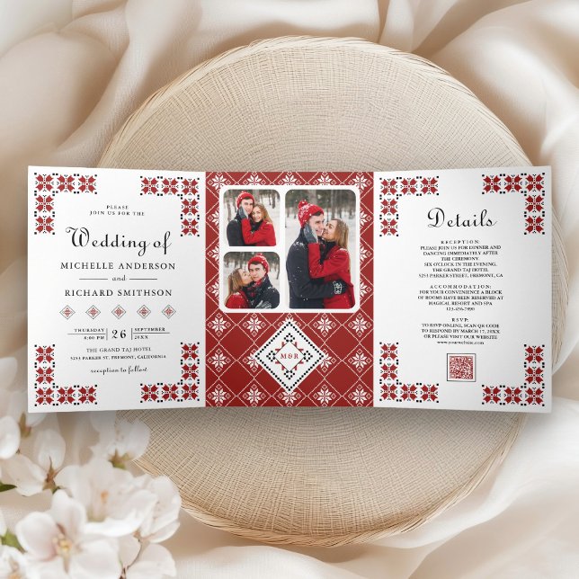 Red and Black Ukrainian Embroidery QR Code Wedding Dreifach Gefaltete Einladung (Von Creator hochgeladen)