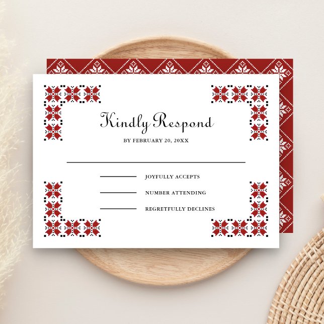 Red and Black Ukrainian Embroidery Wedding RSVP Karte (Von Creator hochgeladen)