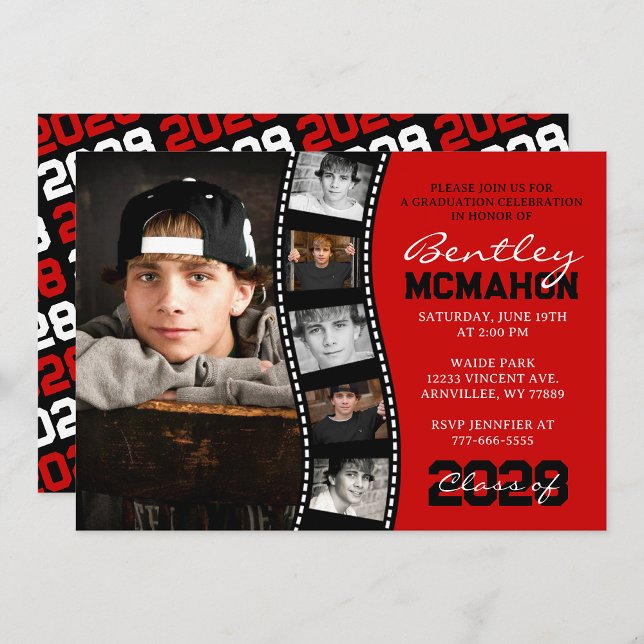 Red and Black Unique Filmstrip 6 Foto Abschluss Einladung (Red & Black 6 Photo Filmstrip Collage Graduation Invitation - Printed with Envelopes or Digital)