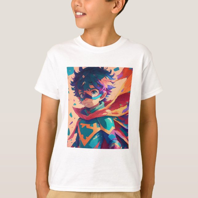 Red and Blue Anime Superhero Boy T-Shirt (Vorderseite)