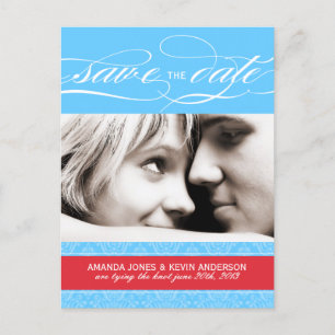 Red and Blue Damask Save the Date Ankündigungspostkarte