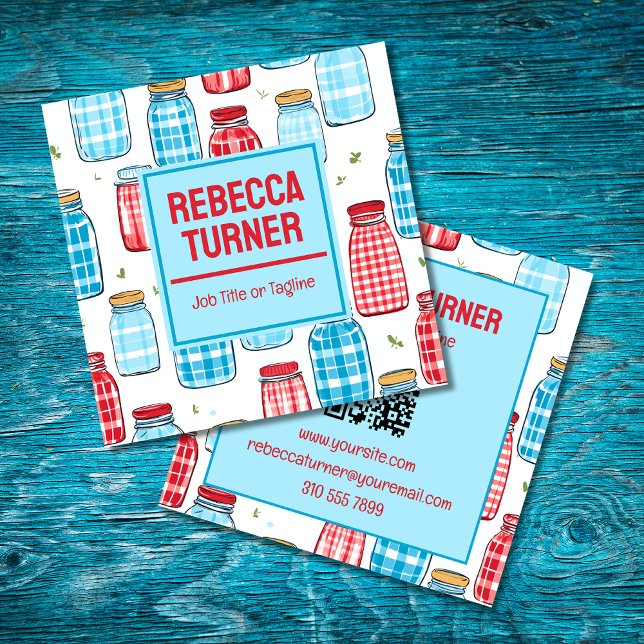 Red and Blue Mason Jar Pattern, QR Code Quadratische Visitenkarte (Von Creator hochgeladen)