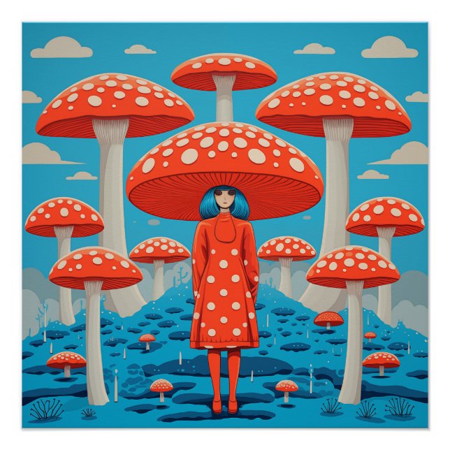 Red and Blue Retro Psychedelic Mushroom Poster (Vorderseite)