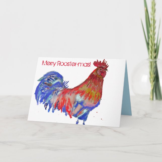 Red and Blue Rooster Watercolor Chips Weihnachten Karte (Vorderseite)
