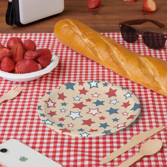 Red and Blue Stars, 4th of July, Beige Background Pappteller (Picknick)