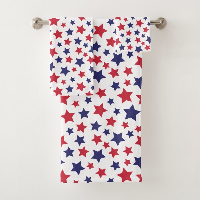 Red and Blue Stars, 4th of July, White Background Badhandtuch Set (Insitu)