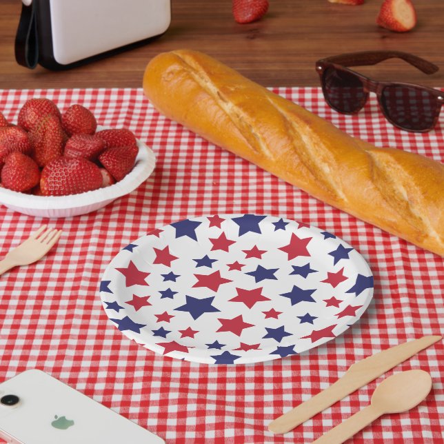 Red and Blue Stars, 4th of July, White Background Pappteller (Picknick)