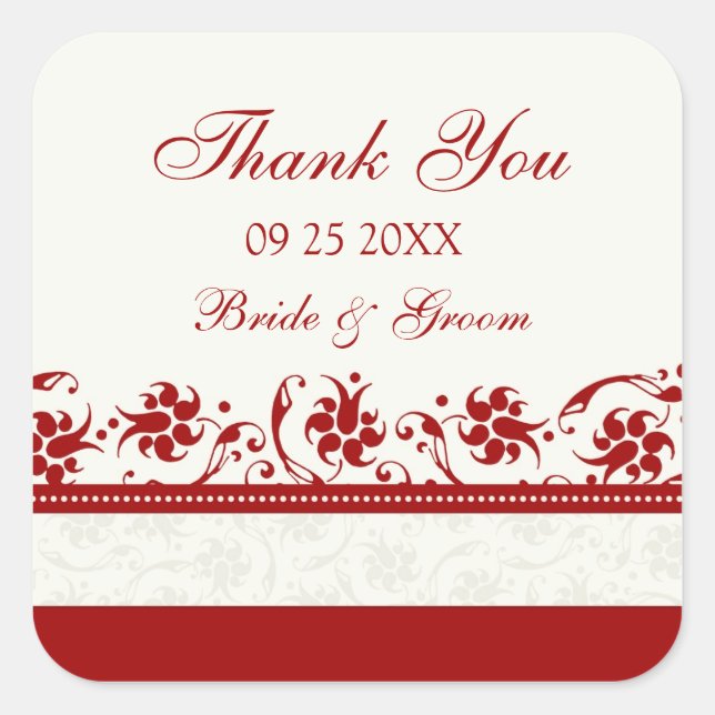 Red and Cream Floral Vielen Dank Gastgeschenk Hoch Quadratischer Aufkleber (Vorderseite)