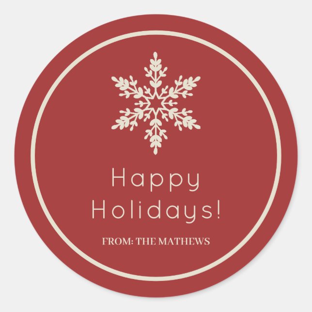 Red and Cream Snowflake Happy Holidays Weihnachten Runder Aufkleber (Vorderseite)
