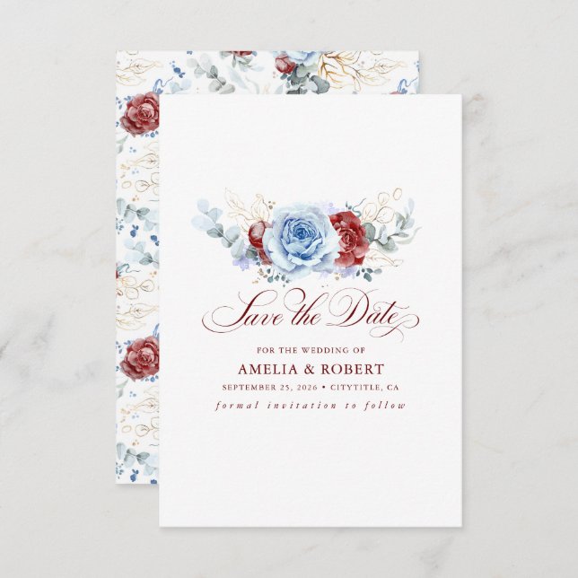 Red and Dusty Blue Floral Save the Date (Vorne/Hinten)