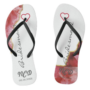 Red and Gold Agate Bridesmaid Fvor Monogram Flip Flops