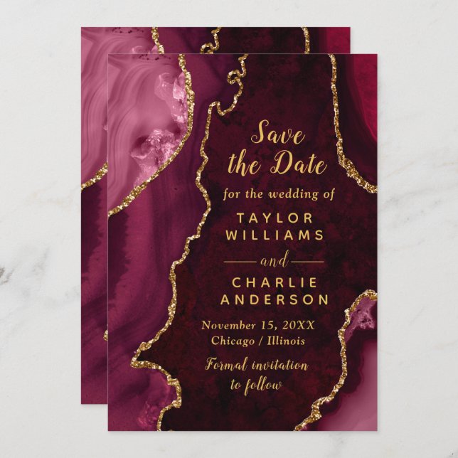 Red and Gold Agate Marble Save The Date Einladung (Vorne/Hinten)