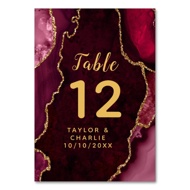 Red and Gold Agate Marble Wedding Tischnummer (Vorderseite)