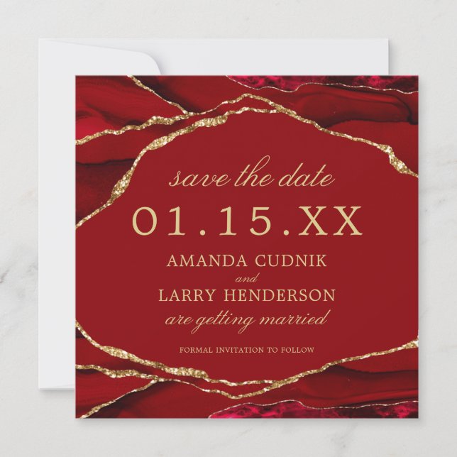 Red and Gold Agate Save the Date Card Einladung (Vorderseite)