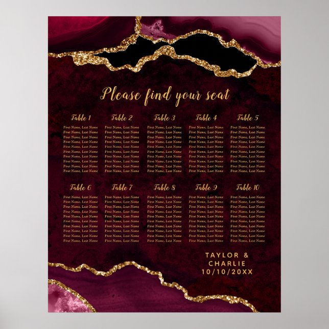 Red and Gold Agate Wedding Seating Chart Poster (Vorne)
