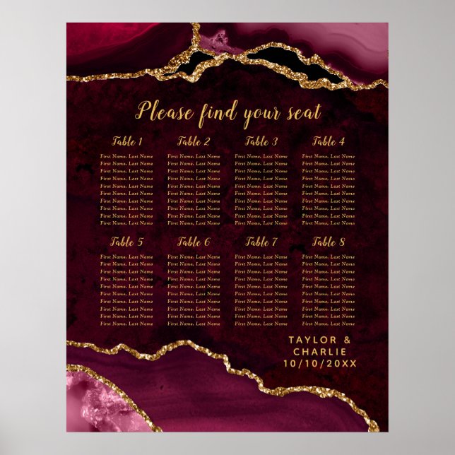 Red and Gold Agate Wedding Seating Chart Poster (Vorne)