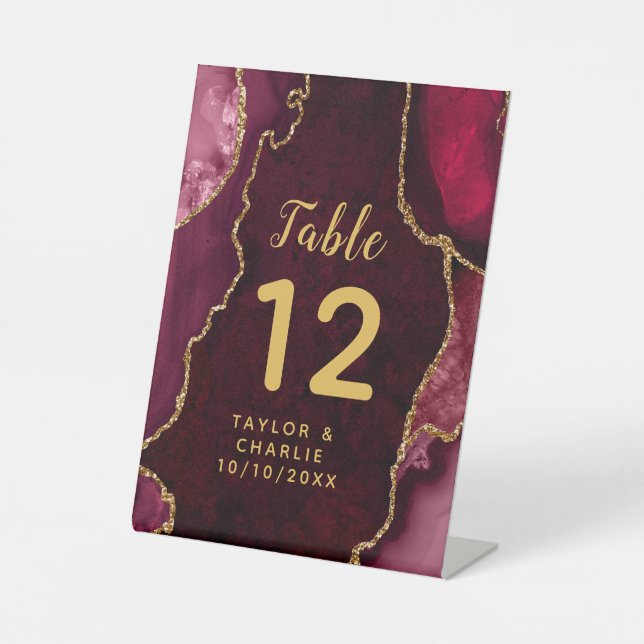 Red and Gold Agate Wedding Tischnummer Sockelschild (Vorderseite)