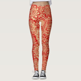Red and Gold Boho Mandala Pattern Yoga Leggings