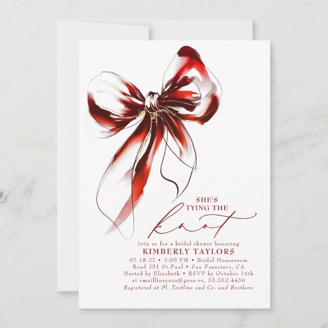 Red and Gold Bow Elegant Whimsical Bridal Shower Einladung (Vorderseite)