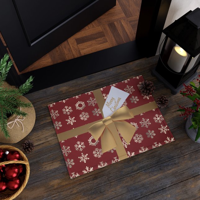 Red and Gold Bow Snowflake Frohe Weihnachtsfeier D Fußmatte (Merry Christmas! Add this festive doormat to your holiday doorway)
