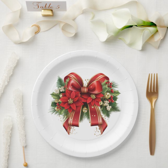 Red and Gold Christmas Bow Festival Pappteller (Hochzeit)