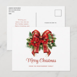 Red and Gold Christmas Bow Holiday Postcard Feiertagspostkarte