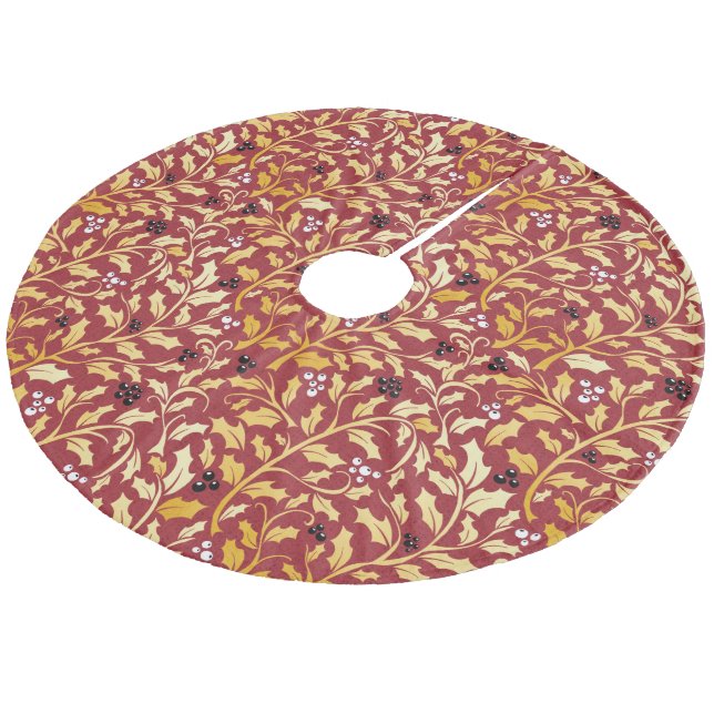 Red and gold christmas holly branches pattern fleece weihnachtsbaumdecke (Schrägansicht)