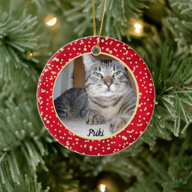 Red and Gold Confetti Weihnachtsmuster Keramik Ornament (Baum)