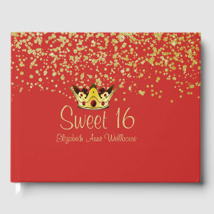 Red and Gold Crown Sweet 16 Guest Book Gästebuch