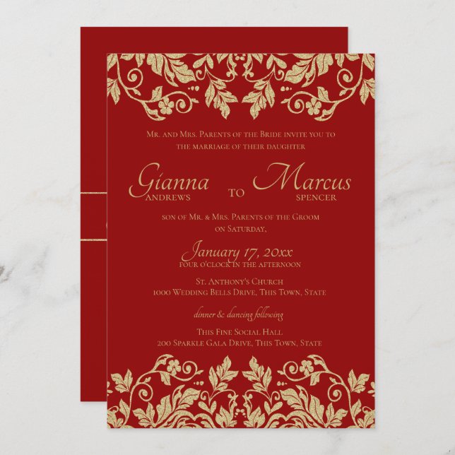 Red and Gold Damask Emblem Wedding Einladung (Vorne/Hinten)