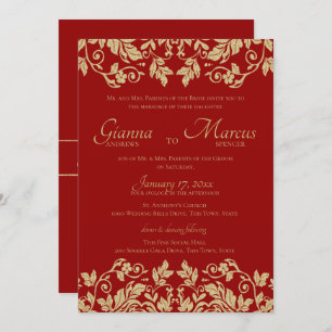 Red and Gold Damask Emblem Wedding Einladung