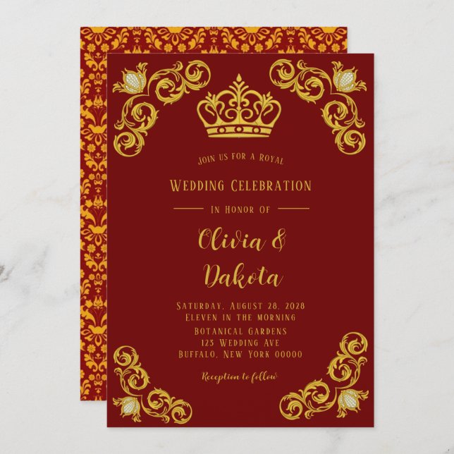 Red and Gold Damask Royal Wedding Einladung (Vorne/Hinten)