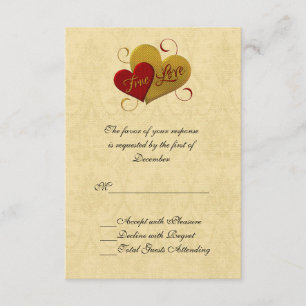 Red and Gold Double Heart Wedding RSVP Card Karte