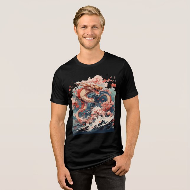 Red and Gold Dragon Over Stormy Sea Tri-Blend Shirt (Vorderseite voll)
