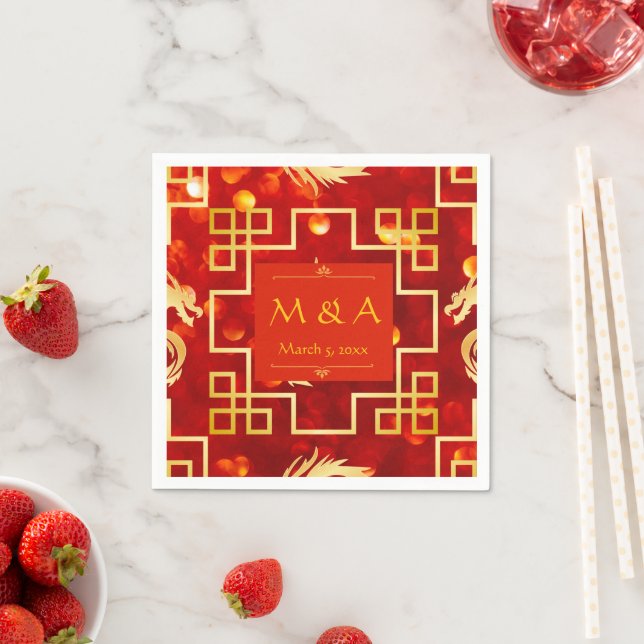 Red and Gold Dragon Wedding Cocktail Napkins Serviette (Beispiel)